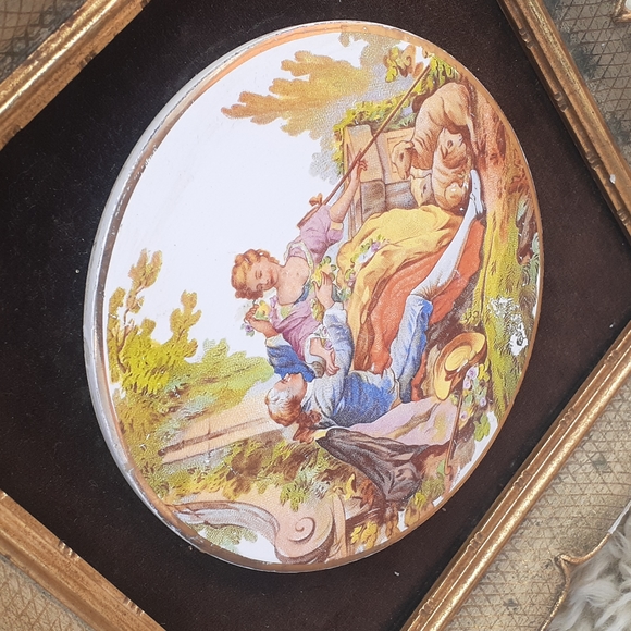 Porcelain painting Courting man woman pet Dog Garden gold frame 10x10 - Picture 2 of 5